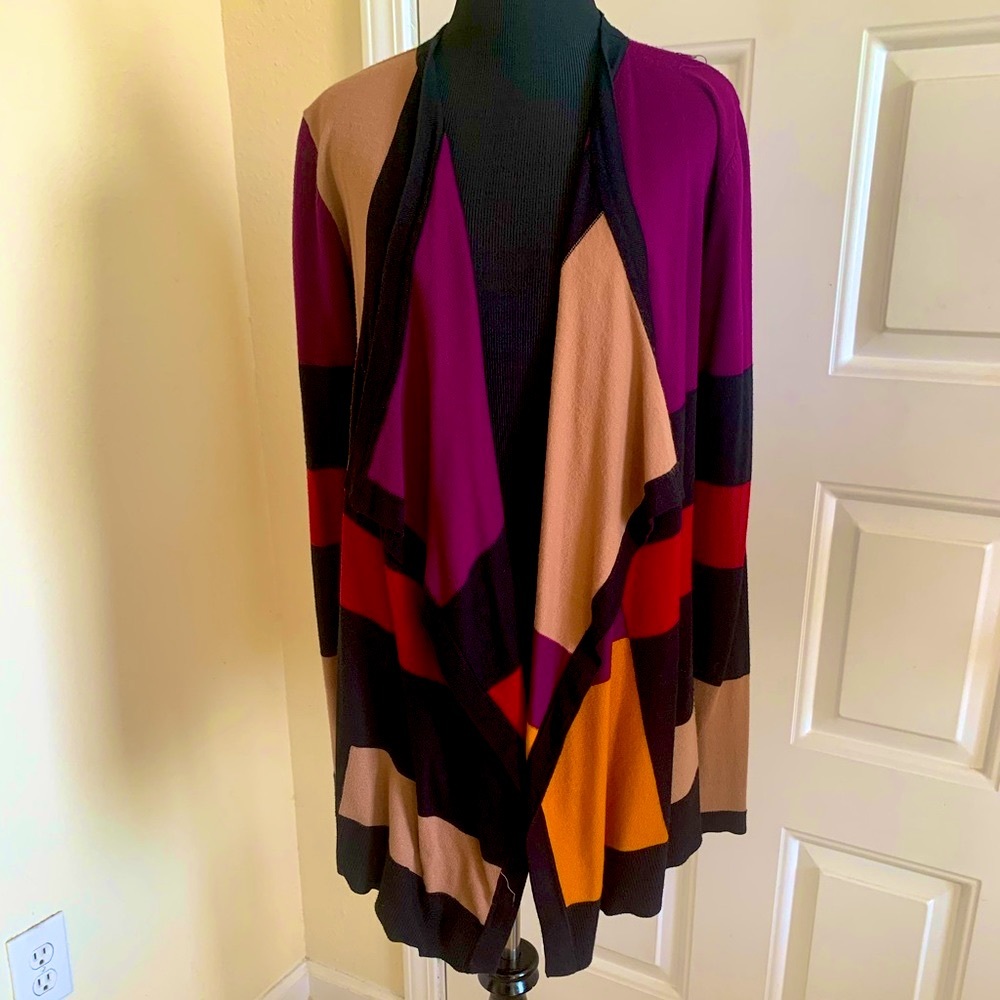 Grace Element Purple Gold And Red Color Block Open Front Swing Sweater Size M